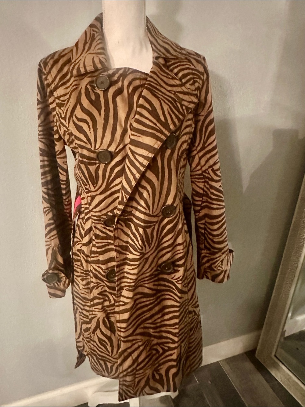Women's Zebra Print Trench Coat with Pink Belt Accent - Picture 10 of 13